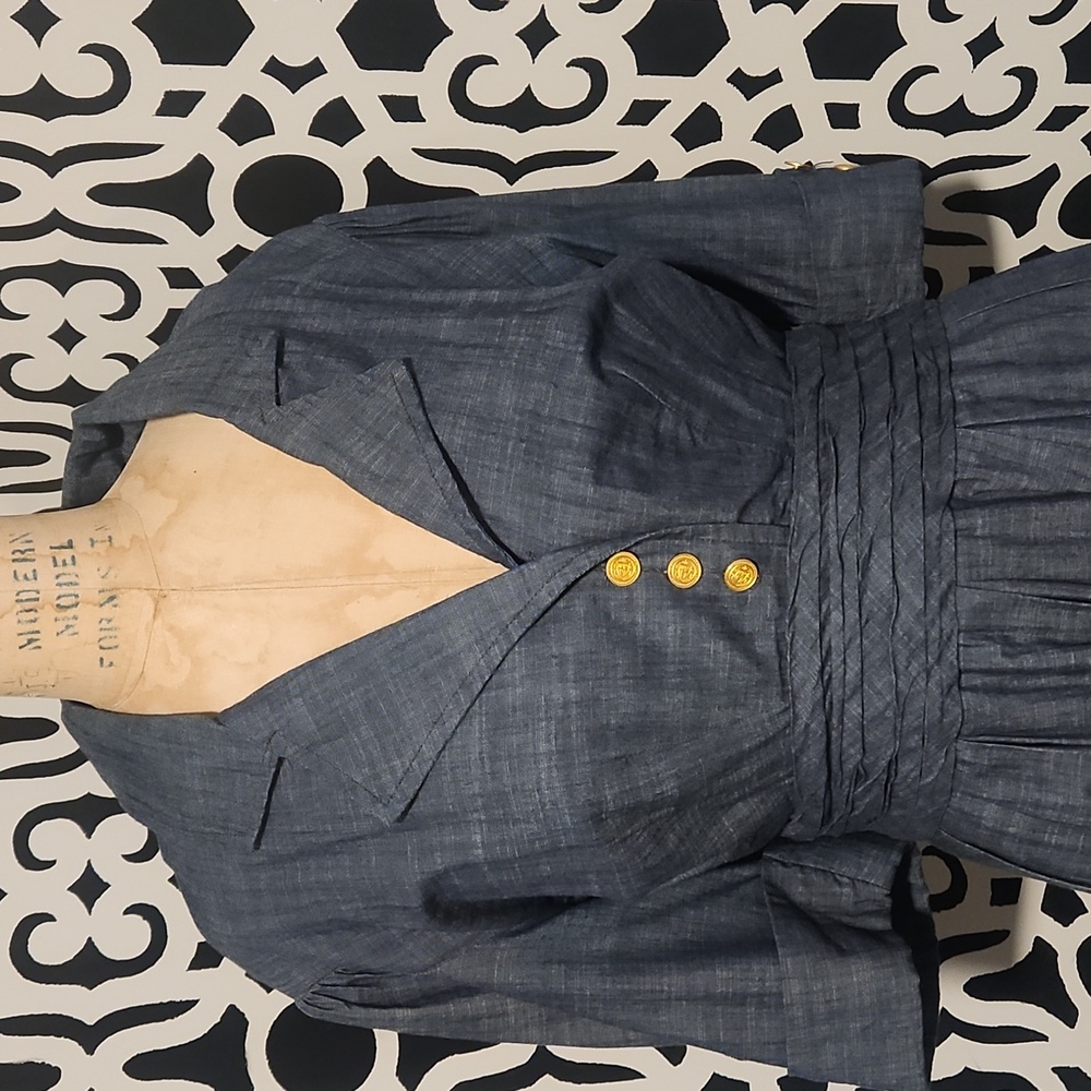 eShakti Retro Chambray Midi Shirtdress - Indigo Blue Denim Gold Buttons -Sz 14 - Picture 5 of 13